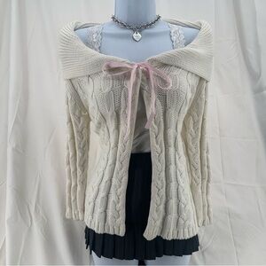 Cottage core Vintage Y2K Cable Knit Shawl Collar Sweater Cream